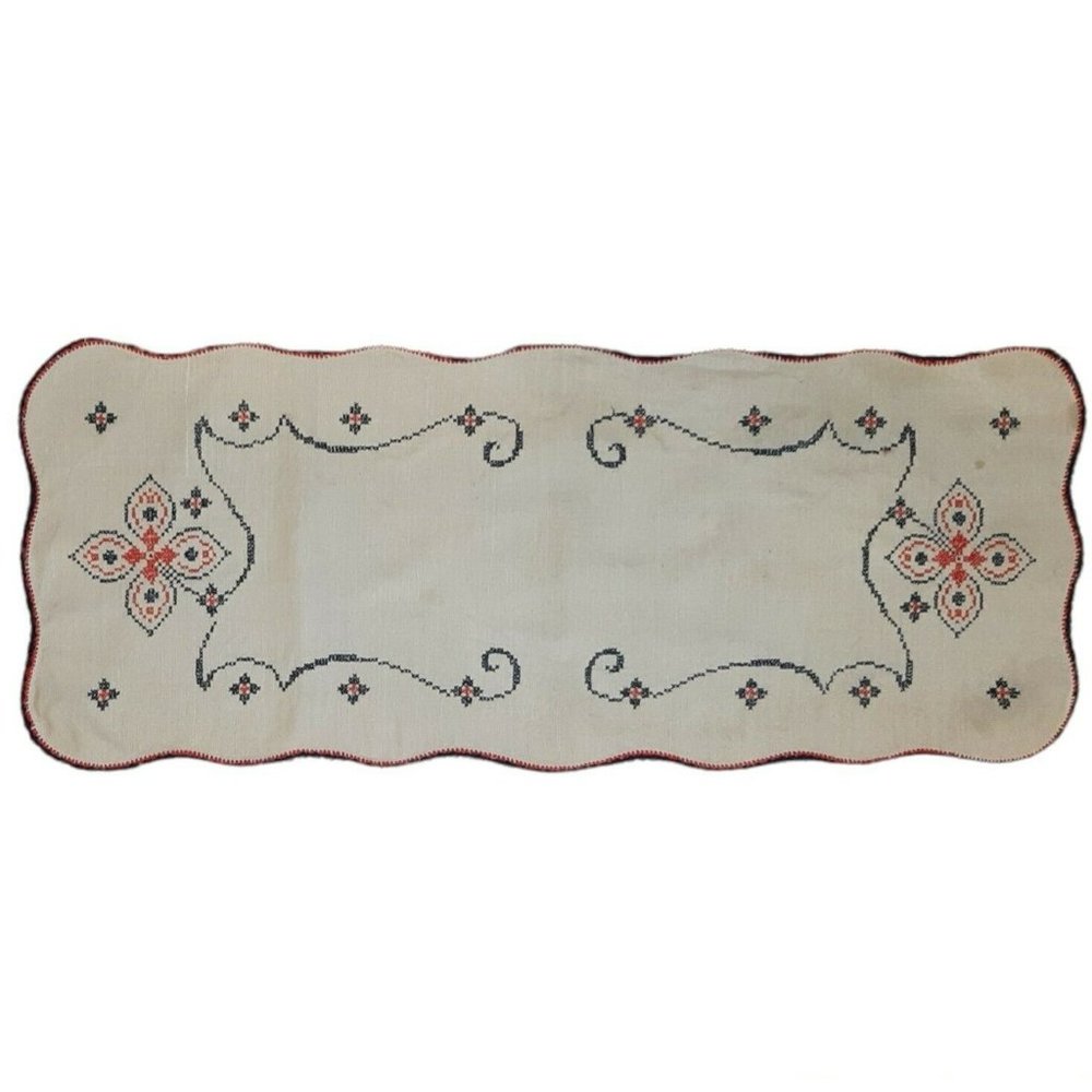 Vintage 70's Hand Stitched Linen Dresser Scarf Red Blue on Off White  15.5"x38"